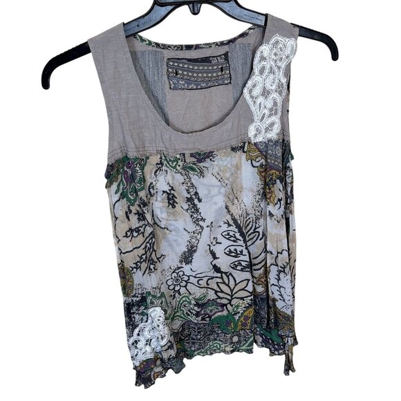 Womens Tank Top Boho Tan Floral Layered Small Shirt Viscose Made in Indonesia - Picture 1 of 10